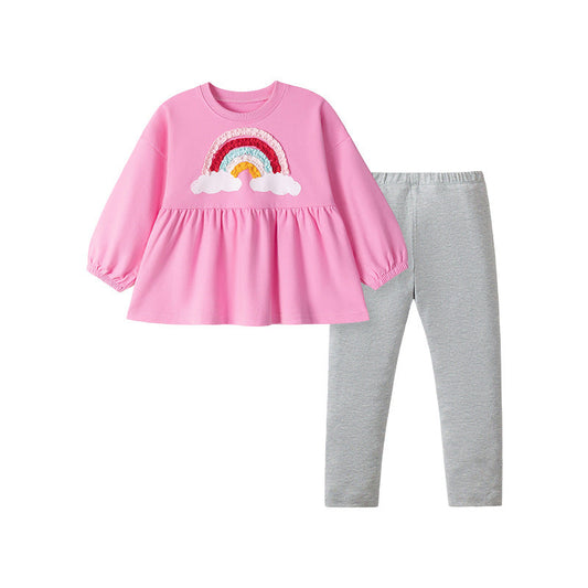 Spring and Autumn Girls Cute Rainbow Pattern Long Sleeves Sweatshirt and Grey Pants Clothing Set