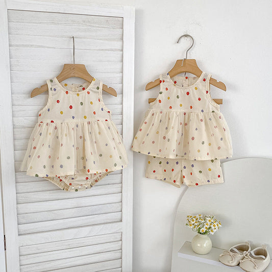 Summer Baby Kids Polka Dots Pattern Sleeveless Top and Shorts Clothing Set or Onesies for Girls