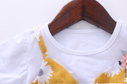 Baby Girl Little Daisy Print Pattern False Patchwork Design Round Collar Short-Sleeved Dress