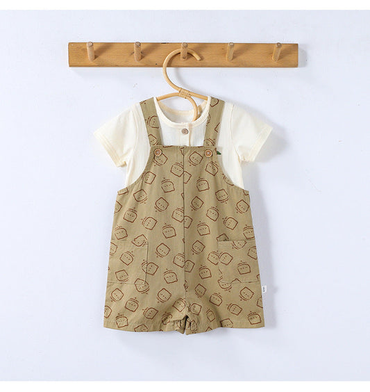 Summer Baby Kids Unisex Fruits Embroidered Pattern Short Sleeves T-shirt and Teddy Pattern Rompers Overalls Clothing Set
