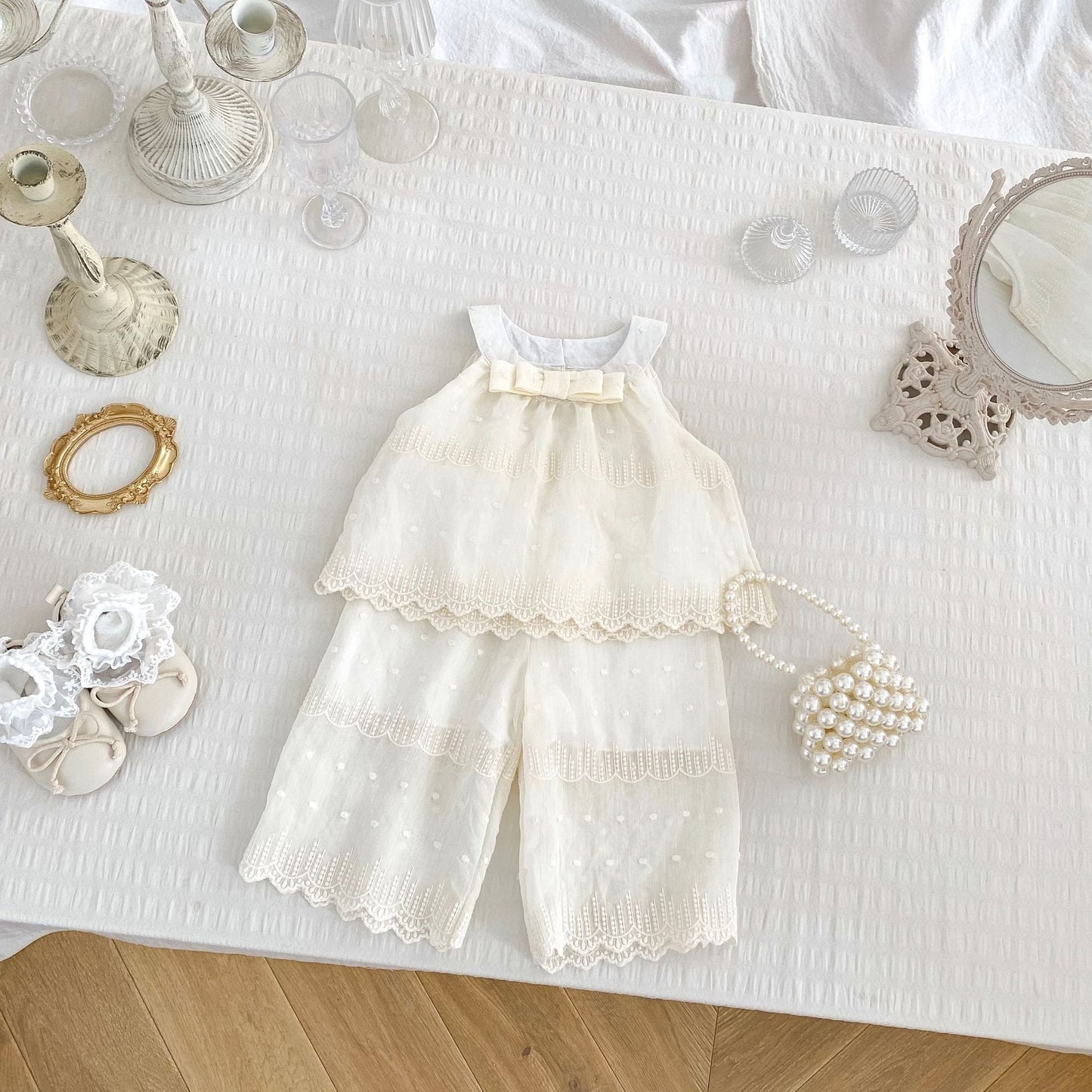 Summer Baby Kids Solid Color Sleeveless Dots Embroidery Pattern Top Dress and Pants Clothing Set for Girls