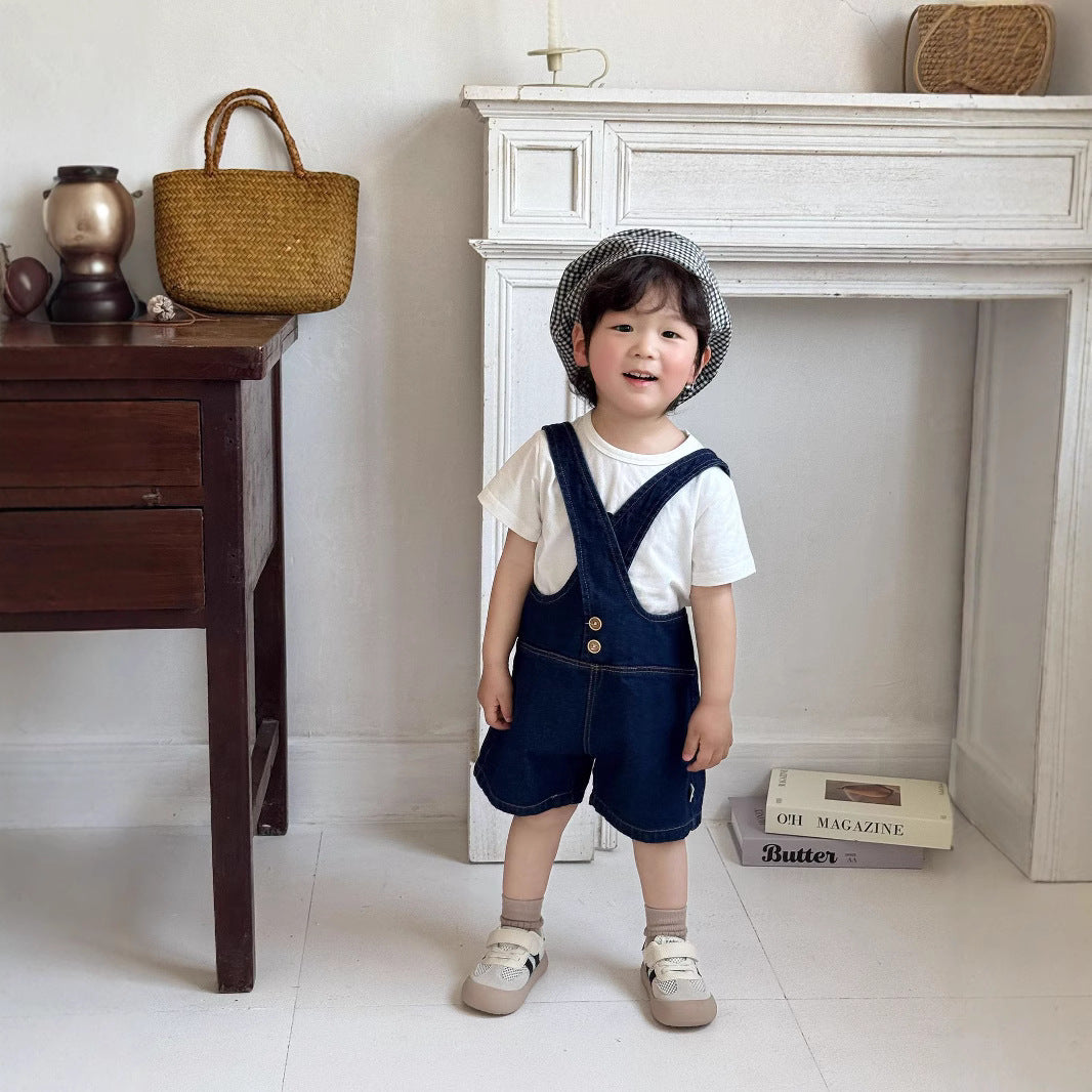 Summer Arrival Baby Kids Unisex Sleeveless Solid Color Denim Strap Overalls and White T-Shirt Clothing Set