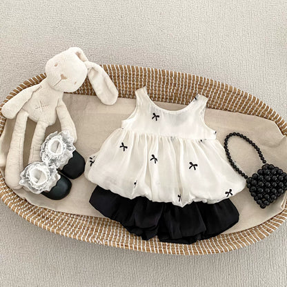 Summer Baby Kids Girls Butterfly-bows Pattern Sleeveless Top and Plain Shorts Clothing Set