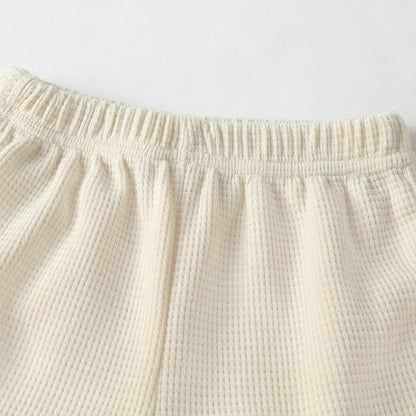 Baby Cartoon Bear & Slogan Pattern Waffle Fabric Tops Combo Solid Shorts 1-Piece Sets