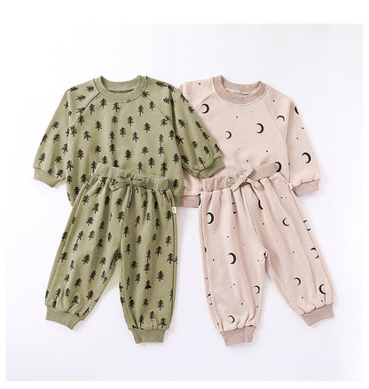 Print Pattern Crewneck Hoodie & Trousers Sets