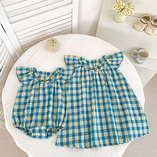 Summer Baby Girls French-style Flowers Pattern Fly-sleeved Plaid Onesies and Dress – Princess Sister Matching Set