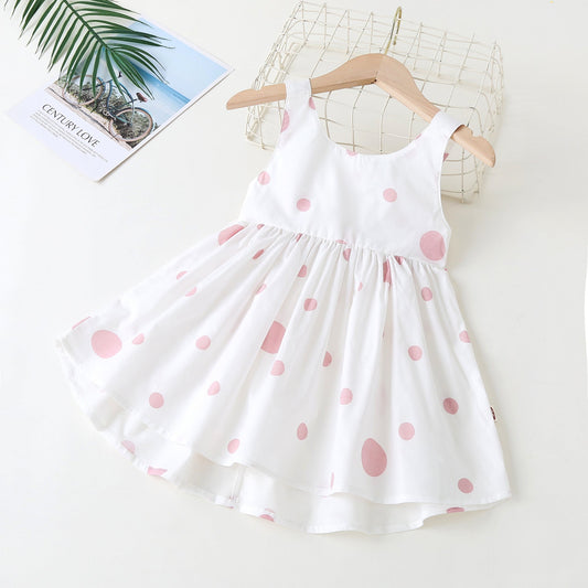 Baby Girls Polka Dot Pattern Sleeveless Round Collar Dress With Bow Decoration