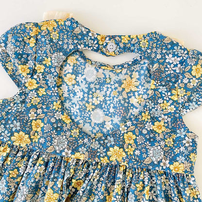 Baby Girls Floral Print Backless Design Doll-Neck Dress With Bow Decoration