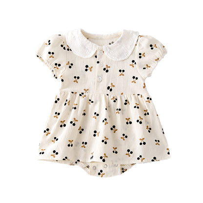 Baby Girls Cherry Print Doll Collar Design Neck Buttoned Puff-Sleeved Dress Onesies