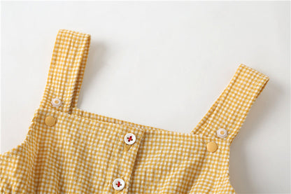 Baby Girl Plaid Graphic Strawberries Embroidery Snap Button Jumpsuit & Solid Tee Sets