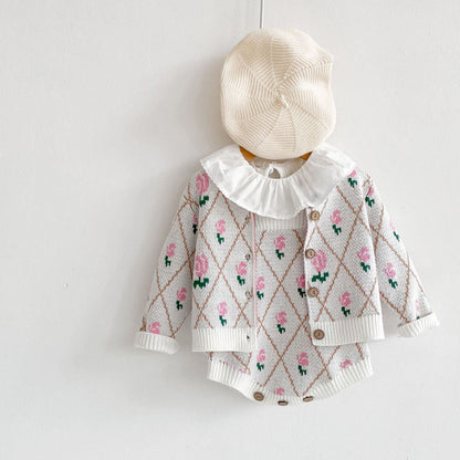 Baby Girl Allover Roses Embroidered Graphic Crotch Bodysuit & Cardigan Handmade Knitted Sets