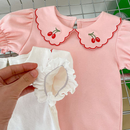 Baby Girl Cherry Laple Neck Shirt With Plaid Skirt Sets