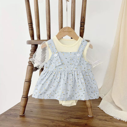 Summer Arrival Baby Kids Girls Sleeveless Floral Pattern Strap Overalls and Beige Onesies Clothing Set