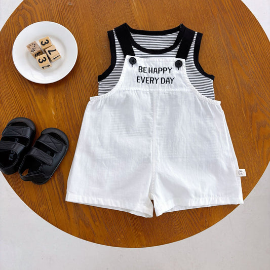 Summer Hot Selling Baby Kids Unisex Sleeveless Letters Embroidered Strap Overalls and Striped Vest Clothing Set