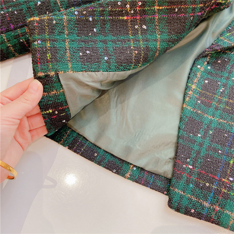 Girls Dark Green Plaid With Dots Open Front Cardigan&Skirt Preppy Suits