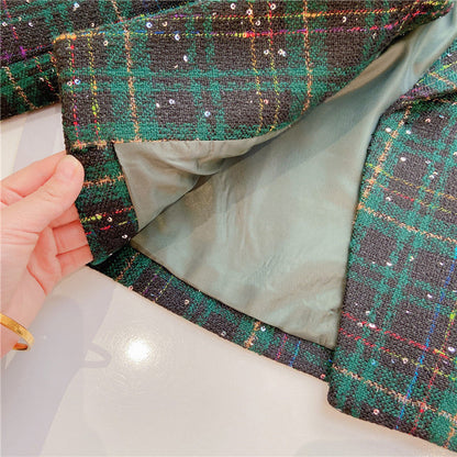 Girls Dark Green Plaid With Dots Open Front Cardigan&Skirt Preppy Suits