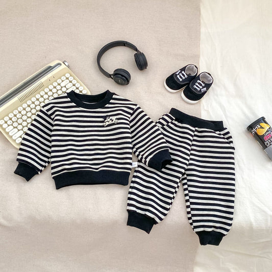 Spring and Autumn Baby Kids Boys Cartoon Pattern Striped Pullover and Pants