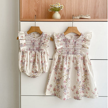 Summer Girls Arrival Floral Pattern Fly Sleeves Onesies and Girls’ Dress – Princess Sister Matching Set