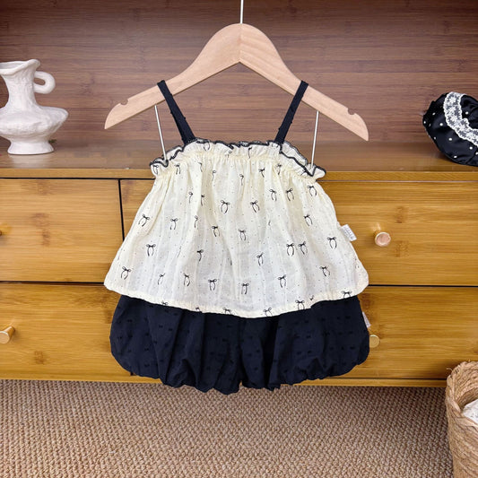Summer Hot Selling Baby Girls Sleeveless Butterfly-bows Pattern Top Vest and Black Shorts Clothing Set
