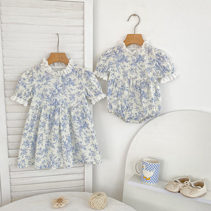 Summer Arrival Girls Cute Beautiful Flowers Pattern Short Sleeves Onesies and Dress – Princess Sister Matching