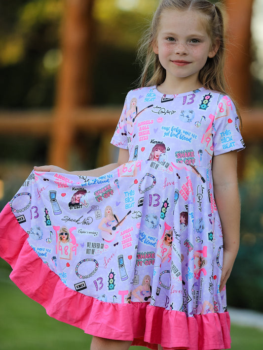 Purple TS Print Ruffle Girls' Short Sleeve Christmas Dress