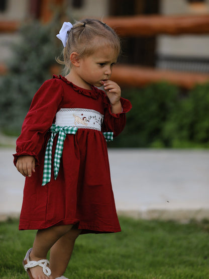 Christmas Smocking Embroidered Girls Dress with Green Plaid Bow