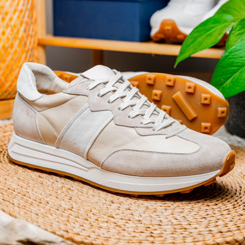 66-265-TPE ROXI Suede & Calfskin Sneaker, Taupe