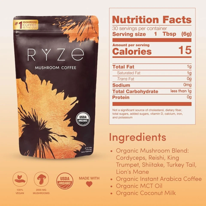 RYZE SUPERFOODS Mushroom Coffee Dark Roast, 6 Adaptogenic Mushrooms & Prebiotic Blend, Instant Coffee Supports Energy, Focus, Digestion & Immunity, Lions Mane & Turkey Tail, 30 Servings.