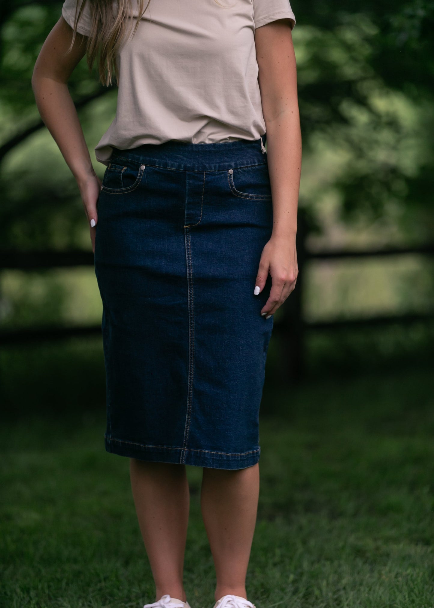Sandra Dark Wash Denim Midi Skirt