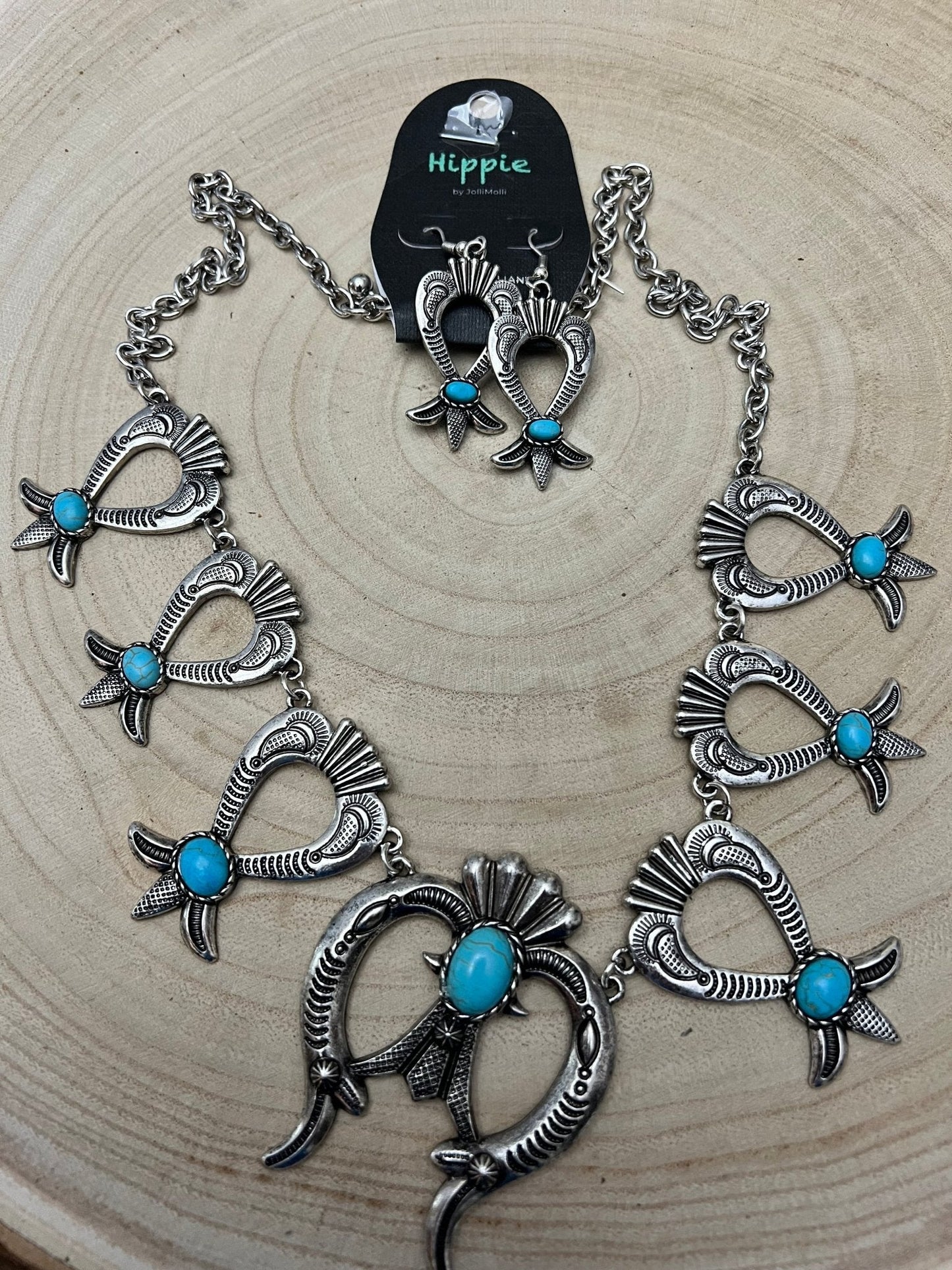 Western Squash Blossom Necklace & Earring Set with Faux Turquoise — 24 Inch Southwestern Set