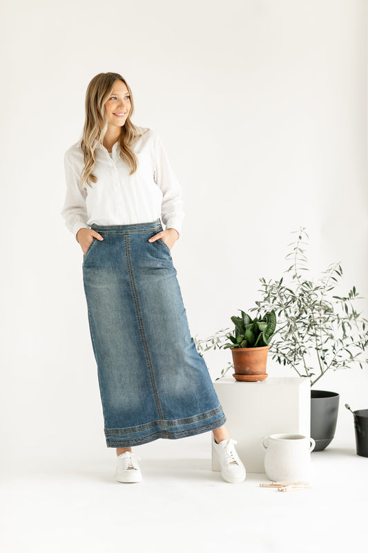 Sutton Side Zip A-line Denim Maxi Skirt - FINAL SALE