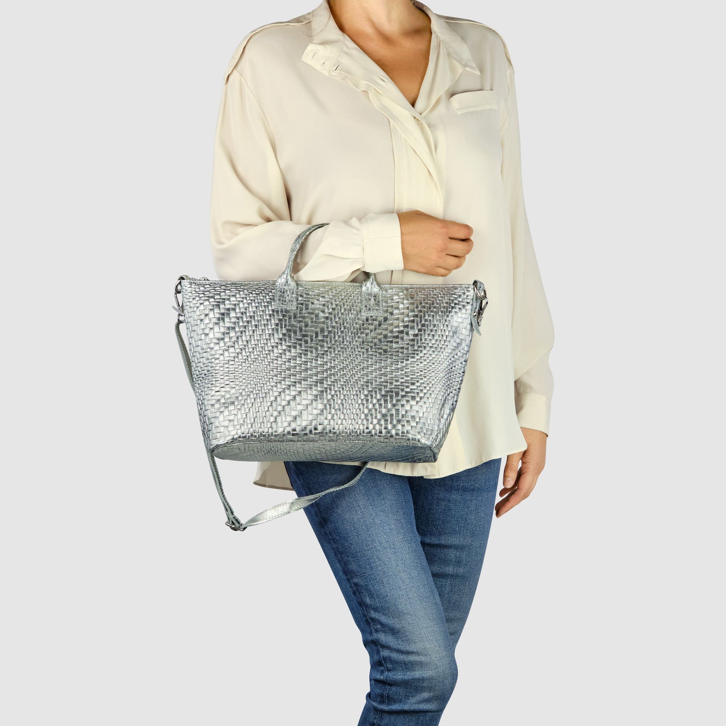 Grid Metallic Suede Leather Top-Handle Bag