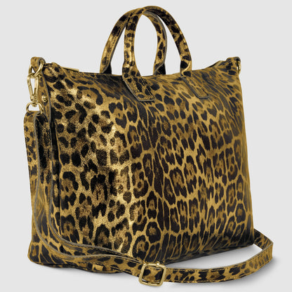 Leopard Metallic Suede Leather Top-Handle Bag