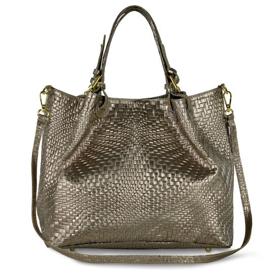 Grid Metallic Suede Leather Top-Handle Bag