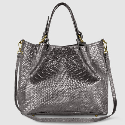 Grid Metallic Suede Leather Top-Handle Bag