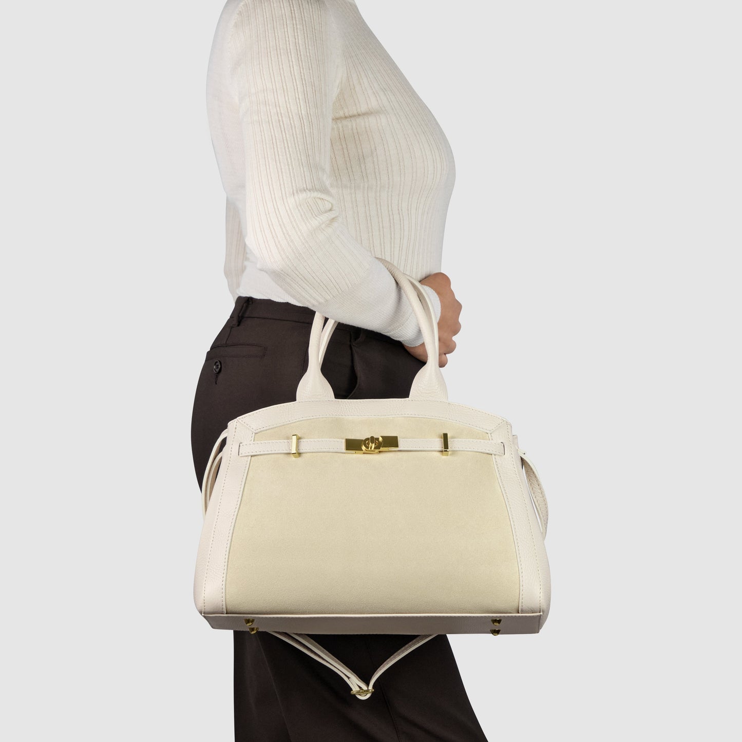 Calf & Suede Leather Top-Handle Bag