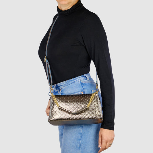 Weave Metallic Suede Leather Crossbody Bag