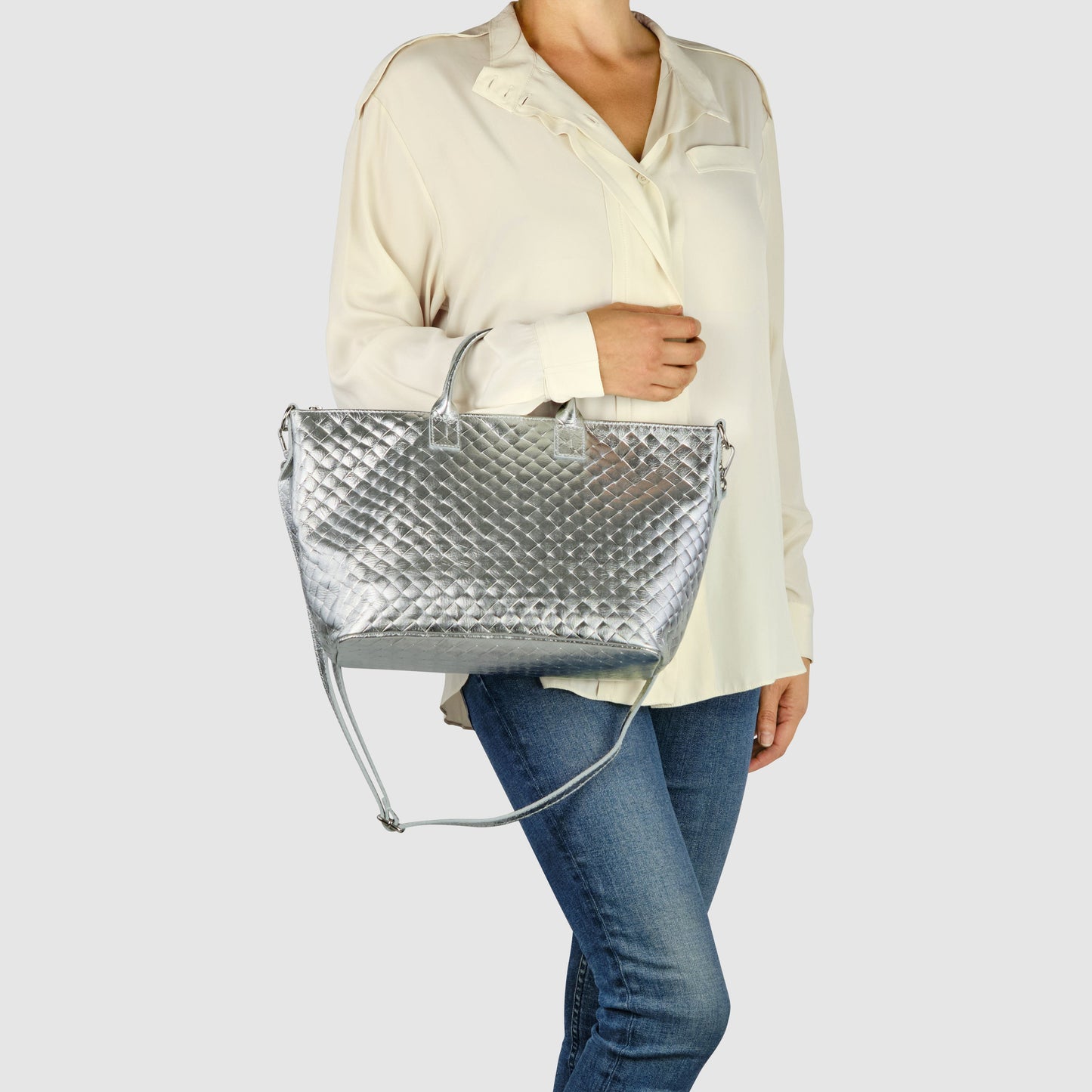 Weave Metallic Suede Leather Top-Handle Bag