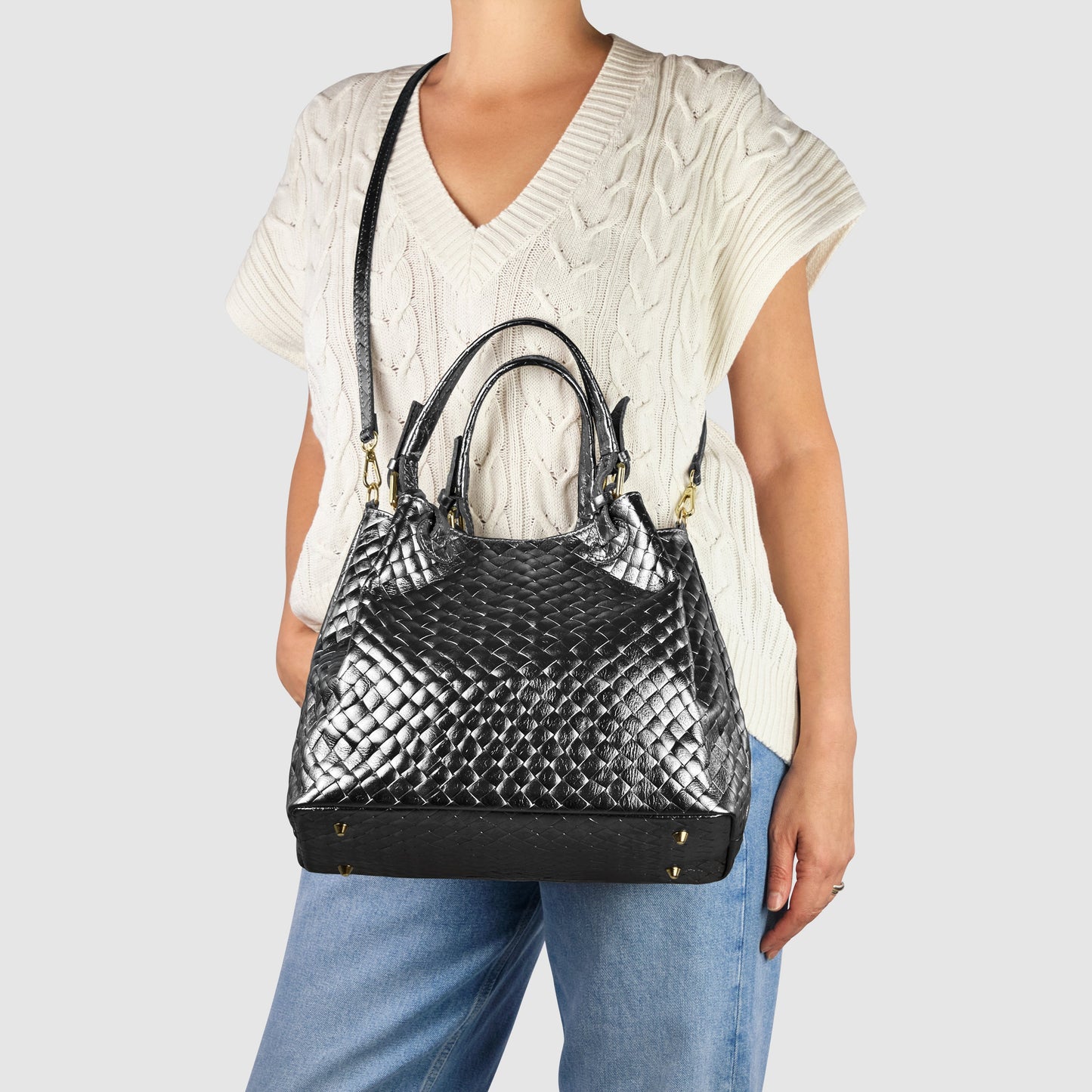 Weave Metallic Suede Leather Top-Handle Bag