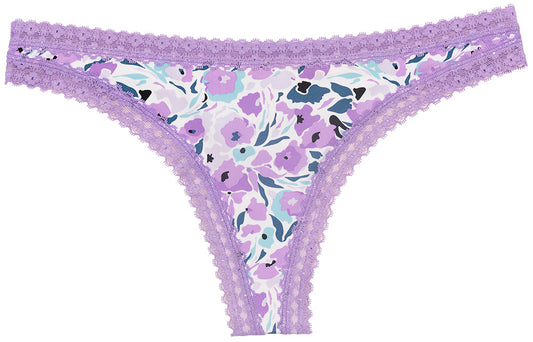 Purple Microfiber Thong with Lace Trim