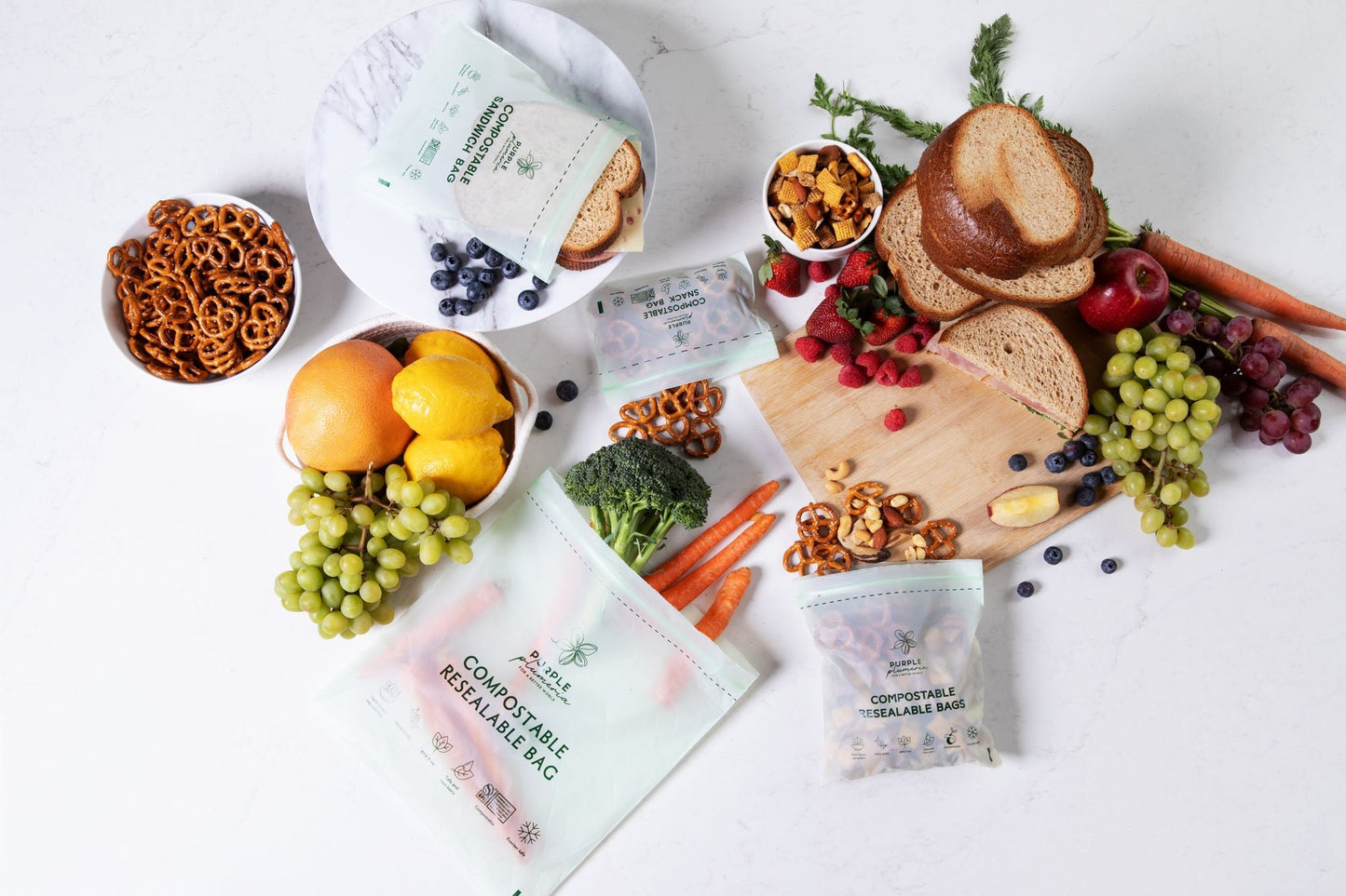 Compostable Resealable Bags. Eco-Friendly & Durable. Snack, Sandwich, Quart & Gallon Sizes