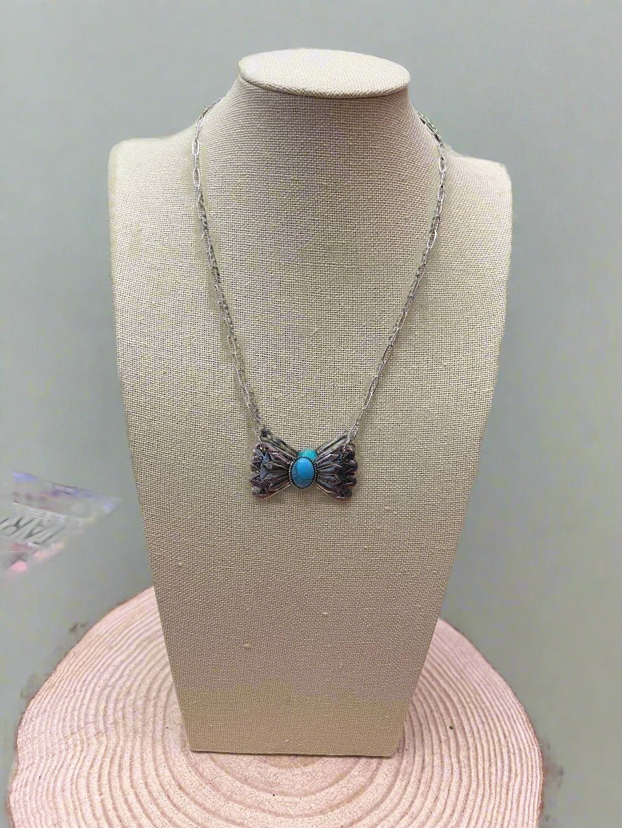 Western Bowtie and Faux Turquoise Necklace - 18 inch + 3