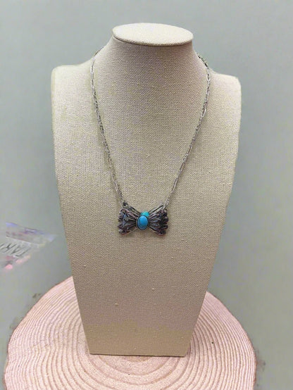 Western Bowtie and Faux Turquoise Necklace - 18 inch + 3