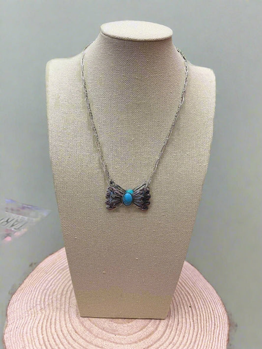 Western Bowtie and Faux Turquoise Necklace - 18 inch + 3