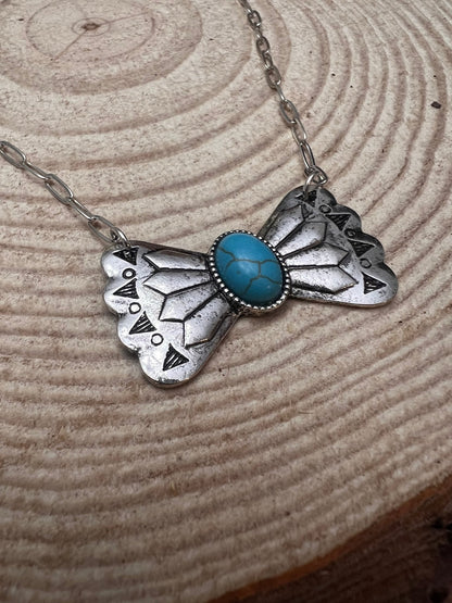 Western Bowtie and Faux Turquoise Necklace - 18 inch + 3