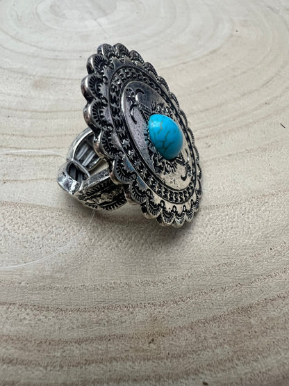 Western Concho and Faux Turquoise Stretch Ring - Statement Size