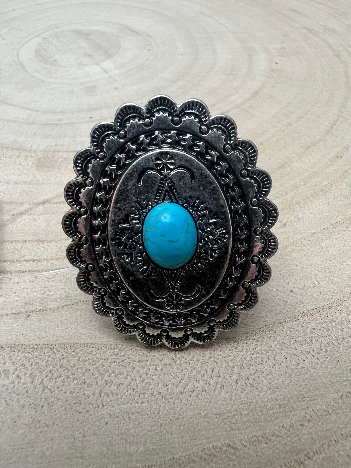 Western Concho and Faux Turquoise Stretch Ring - Statement Size