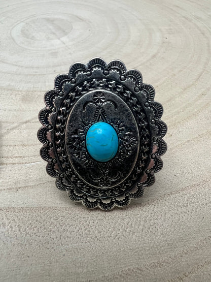 Western Concho and Faux Turquoise Stretch Ring - Statement Size