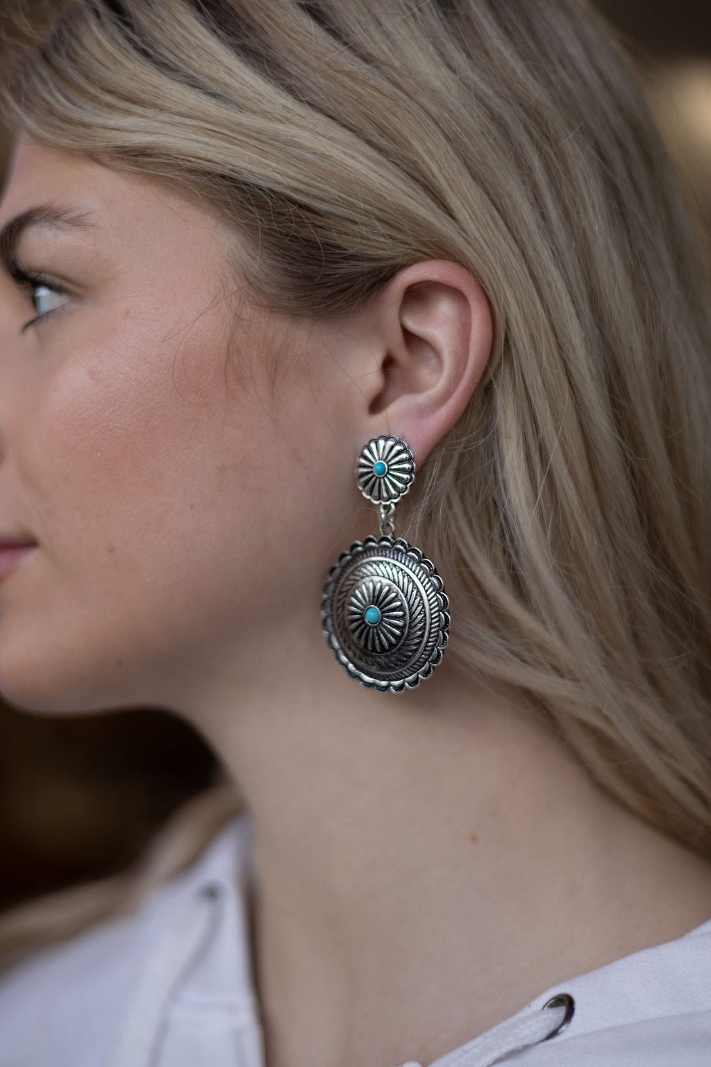 Western Concho Dangle Earrings with Faux Turquoise — 2½" Drop