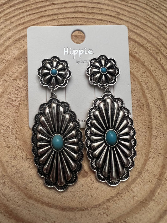 Western Double Concho Earrings with Faux Turquoise — Bold 3" Drop